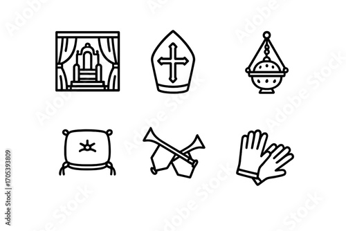 Royal Ceremony Icons. Outline icon set of royal ceremony: throne room, bishop mitre, incense burner, velvet cushion, herald