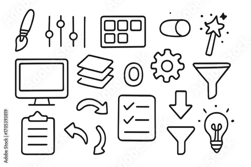 Creative Design Tools. Hand-drawn doodle illustration filter preset paintbrush, sliders, color palette, magic wand, computer