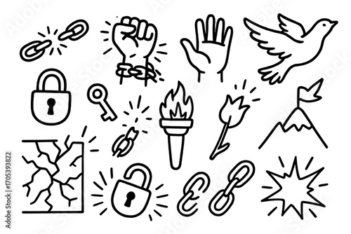 Breaking Free Symbols. Hand-drawn doodle illustration Freedom and breaking chains broken chain, hand breaking shackle, clenched