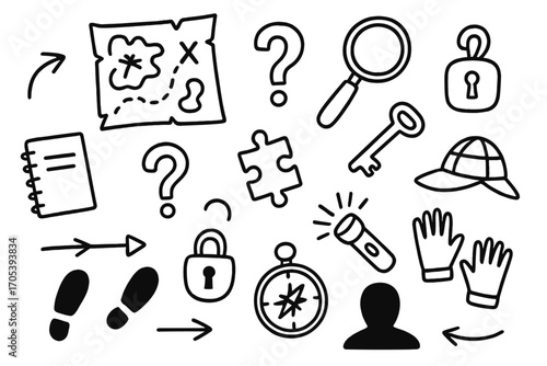 Mystery Clue Doodles. Hand-drawn doodle illustration clue hunt map, magnifying glass, key, puzzle piece, question mark, notebook,