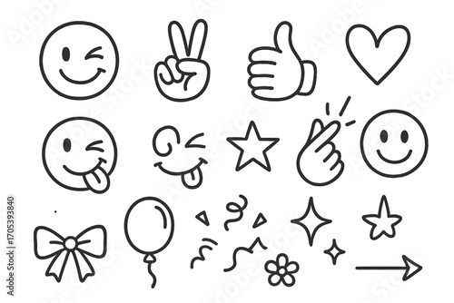 Playful Doodle Icons. Hand-drawn doodle illustration winking playful gestures wink eye, peace sign, thumbs up, tongue out, finger