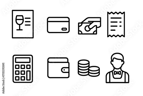 Bar Tab Icons Set. Outline icon set of bar tab: drink menu, credit card, cash payment, receipt, calculator, wallet, coin stack,