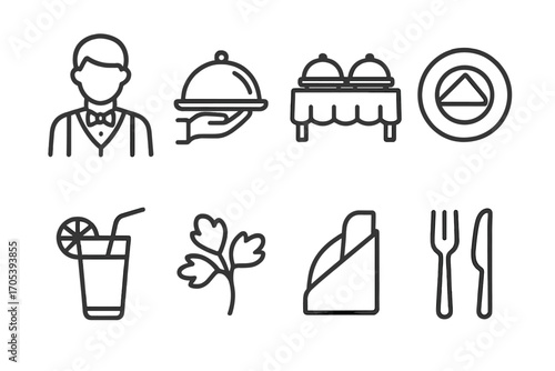 Appetizer Icon Set. Outline icon set of appetizer serving: waiter, serving tray, buffet table, plate, napkin, drink, garnish,
