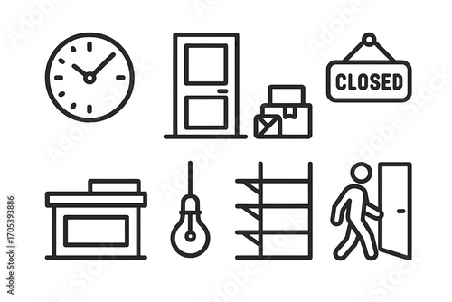 Shop Closing Icons. Outline icon set of shop closing time: clock with hands at closing, closed door, empty counter, signboard down
