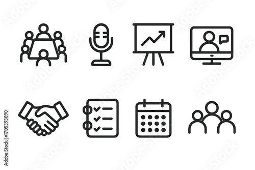 Collaboration Icon Set. Outline icon set of collaboration and meetings: conference table, microphone, presentation board, video