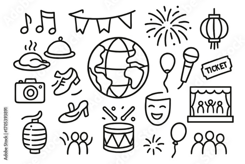 Global Festival Icons. Hand-drawn doodle illustration International festival globe, flags, music notes, food platter, dance shoes,