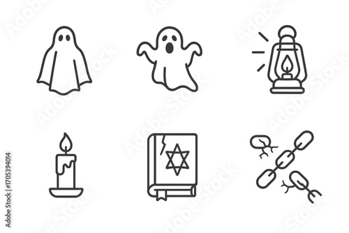 Spooky Apparition Icons. Outline icon set of spooky apparitions: phantom figure, wailing ghost, floating candle, old lantern,