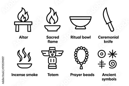 Ancient Ceremony Icons. Outline icon set of ancient ceremony: altar, sacred flame, ritual bowl, ceremonial knife, incense smoke,