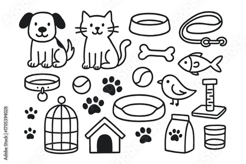 Pet Icon Collection. Hand-drawn doodle illustration family pet dog, cat, pet bowl, leash, collar, ball, bone, fish, bird, cage,