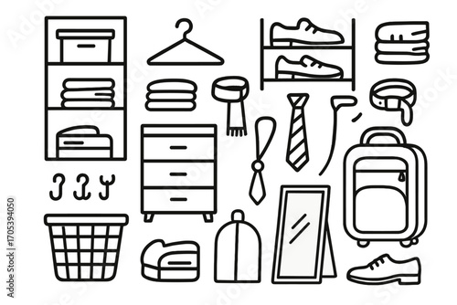 Closet Organization Icons. Hand-drawn doodle illustration Closet space optimization shelf, hanger, shoe rack, storage box, folded