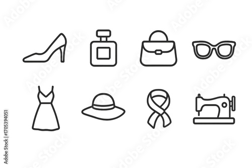 French Fashion Icons. Outline icon set of French fashion: high heels, perfume bottle, handbag, sunglasses, dress, hat, scarf,