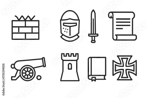 German History Icons. Outline icon set of German history: Berlin Wall, medieval helmet, knight’s sword, scroll, cannon, castle