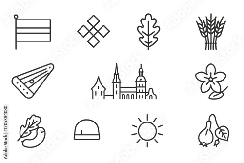 Cultural Symbol Icons. Outline icon set of Latvian symbols: national flag, folk ornament, oak leaf, rye sheaf, kokle instrument,