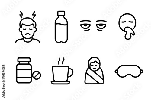 Hangover Recovery Icons. Outline icon set of hangover: headache, water bottle, tired eyes, nausea, pill bottle, coffee cup,