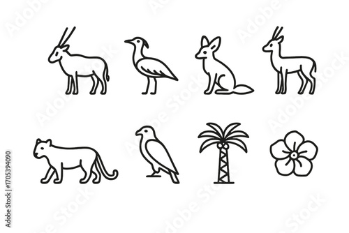 Qatari Wildlife Icons. Outline icon set of Qatari wildlife: Arabian oryx, Houbara bustard, Desert fox, Sand gazelle, Arabian