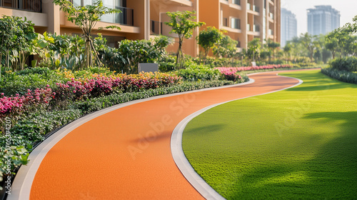 a soft orange and light green jogging track in a city park near residential buildings.