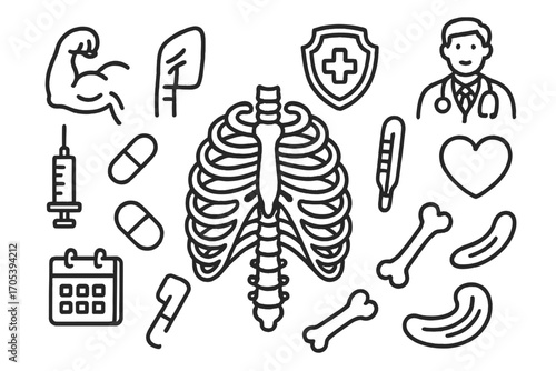 Medical Symbols Doodle. Hand-drawn doodle illustration rib cage protection rib cage, ribs, sternum, shield, muscle, syringe, pill,