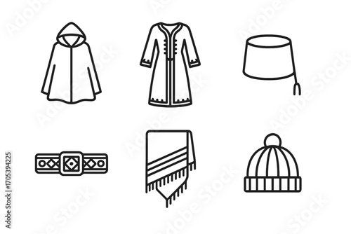 Algerian Clothing Icons. Outline icon set of Algerian traditional clothing: Burnous cloak, Kaftan dress, Fez hat, Leather sandals,