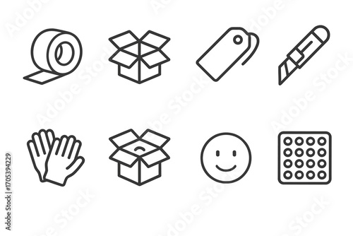 Packaging and Celebration Icons. Outline icon set of packaging removal: tape roll, box flaps, shipping tag, knife, gloves, opened