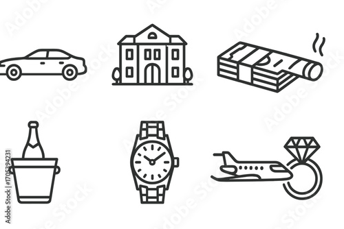 Cartel Luxury Icons. Outline icon set of cartel lifestyle: luxury car, mansion, money stack, cigar, champagne, gold watch, private