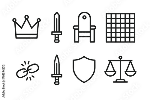 Power Struggle Icons. Outline icon set of power struggles: crown, sword, throne, chessboard, broken chain, dagger, shield, scales