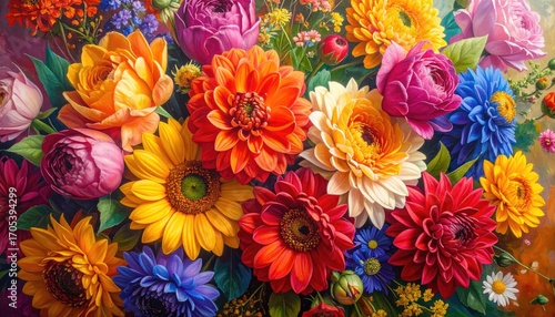 Colorful Floral Arrangement of Vibrant Flowers Against Artistic Background in Bright Colors