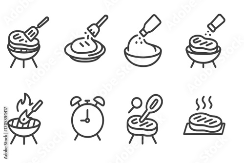 Street Eats Icons. Outline icon set of street food desserts: crepe, churros, shaved ice, popsicle, doughnut, fruit skewer, cake