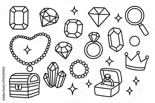 Hand-Drawn Gemstone Icons. Hand-drawn doodle illustration precious gemstones emerald, ruby, sapphire, diamond, topaz, amethyst,