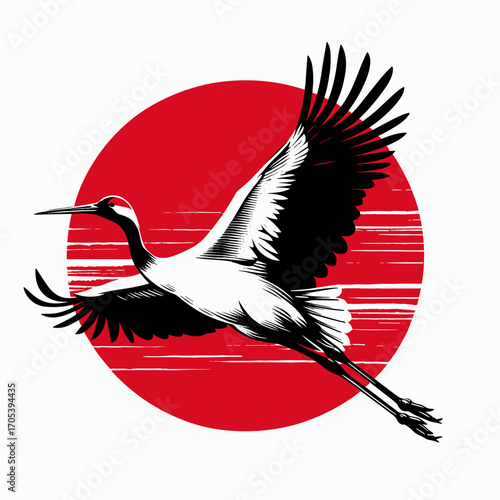 Japanese crane on pop art vector background with red sun 