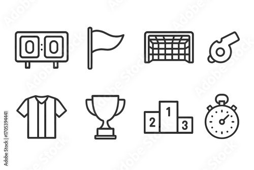 Sports Icon Set. Outline icon set of sports leaderboard: scoreboard, team flag, goal net, referee whistle, player jersey, trophy