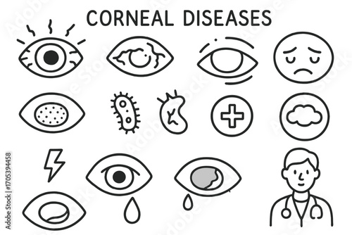 Corneal Diseases Doodle. Hand-drawn doodle illustration corneal diseases cornea, red eye, inflammation icon, sad eye, blurry