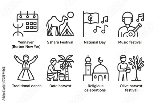 Algerian & Tunisian Icons. Outline icon set of Algerian festivals: Yennayer (Berber New Year), Sahara Festival, National Day,