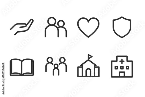 Senator Service Icons. Outline icon set of senator public service: helping hand, community, heart, shield, book, family, school,
