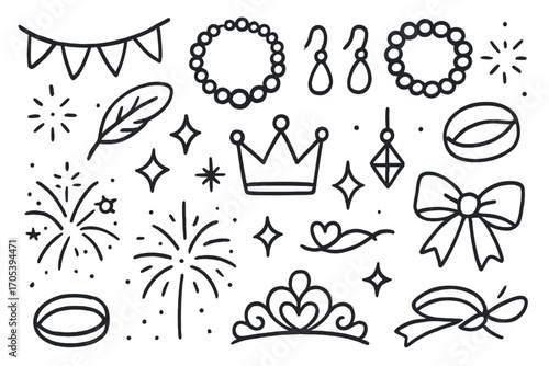 Festive Jewelry Doodles. Hand-drawn doodle illustration festive adornment garland, necklace, earrings, bracelet, crown, pendant,