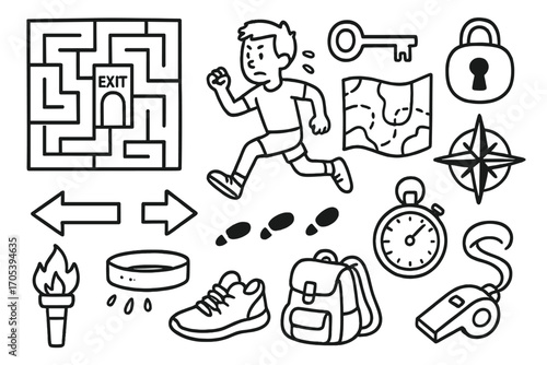 Doodle Maze Adventure. Hand-drawn doodle illustration escape maze maze walls, runner, key, lock, map, compass, arrow, footprints,