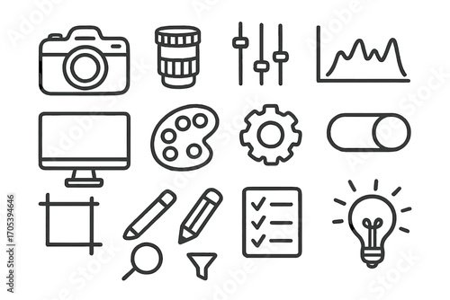 Camera Tools Doodle. Hand-drawn doodle illustration photo preset camera, lens, sliders, histogram, computer screen, color palette,