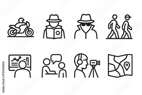 Spy Transport Icons. Outline icon set of spy transport: motorcycle, black car, jet, speedboat, helicopter, bicycle, subway, van.