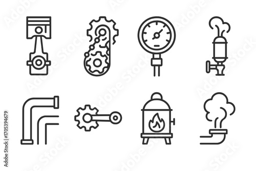 Steam Machinery Icons. Outline icon set of steam and machinery: piston pump, gear chain, pressure dial, steam whistle, copper