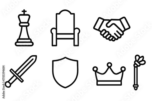 Elite Power Icons. Outline icon set of elite power: chess king, throne, handshake, gavel, sword, shield, crown, scepter. Line