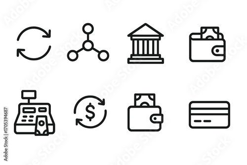 Laundering Money Icons. Outline icon set of laundering money flow: arrows, network nodes, bank, wallet, cash register, exchange,
