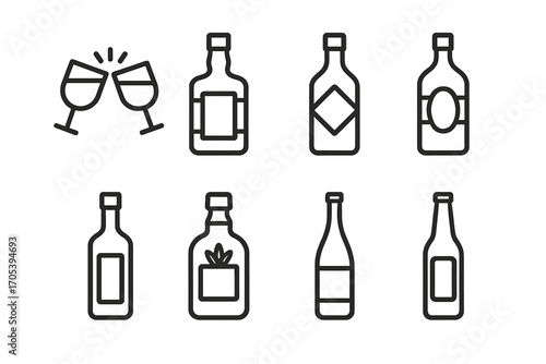 Alcohol Icon Set. Outline icon set of alcoholic beverages: clinking glasses, whiskey bottle, gin bottle, rum bottle, vodka bottle,