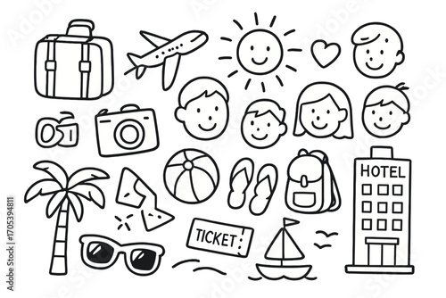 Vacation Doodle Icons. Hand-drawn doodle illustration family vacation suitcase, airplane, camera, sun, heart, smiling faces, map,