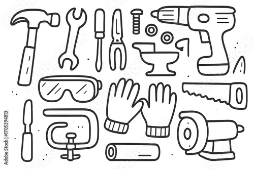 Tool Doodle Icons. Hand-drawn doodle illustration metal tools hammer, wrench, screwdriver, pliers, drill, saw, anvil, safety
