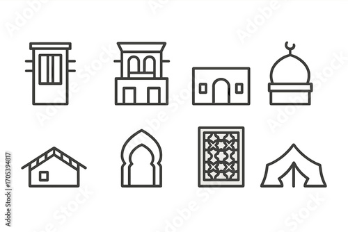 Kuwaiti Architecture Icons. Outline icon set of Kuwaiti architecture: Wind tower, Barjeel, Courtyard house, Mosque dome,