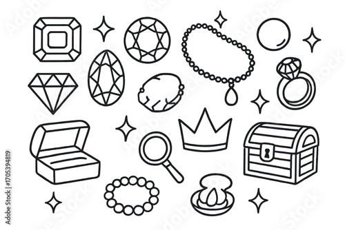 Hand-Drawn Gemstone Icons. Hand-drawn doodle illustration precious gemstones emerald, ruby, sapphire, diamond, topaz, amethyst,