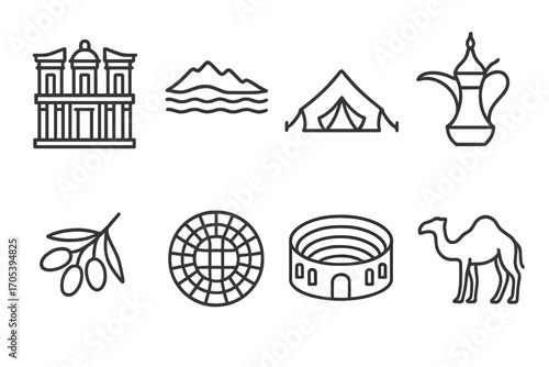 Jordan Culture Icons. Outline icon set of Jordanian culture: Petra ruins, Dead Sea, Bedouin tent, Traditional coffee pot, Olive