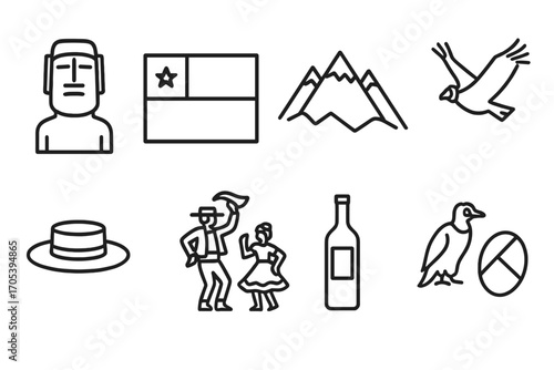 Chilean Icons Collection. Outline icon set of Chilean culture: moai statue, Chilean flag, Andes mountain, condor bird, traditional