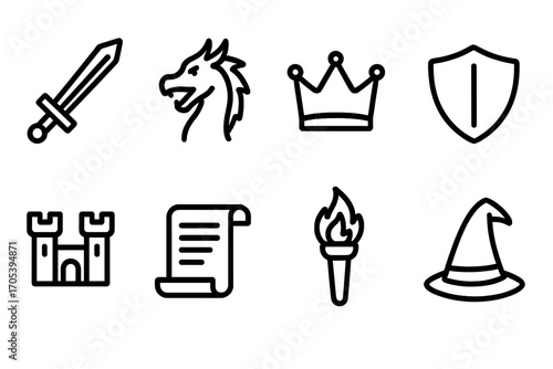 Legend Icon Set. Outline icon set of legend themes: sword, dragon, crown, shield, castle, scroll, torch, wizard hat. Line icons in