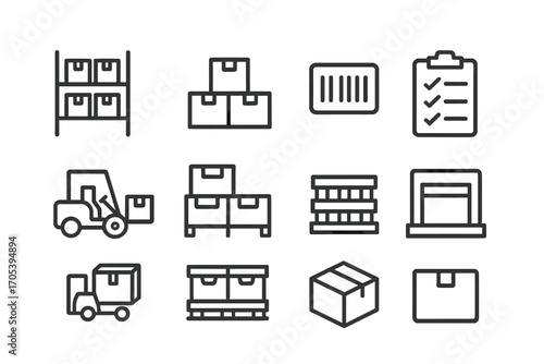 Warehouse Icon Set. Outline icon set of warehouse storage: shelving unit, stacked boxes, barcode label, inventory list, forklift,