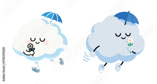 Pair of cute cartoon cloud characters with umbrellas. Happy weather mascot holding a daisy flower. Vector illustration isolated on a white background.